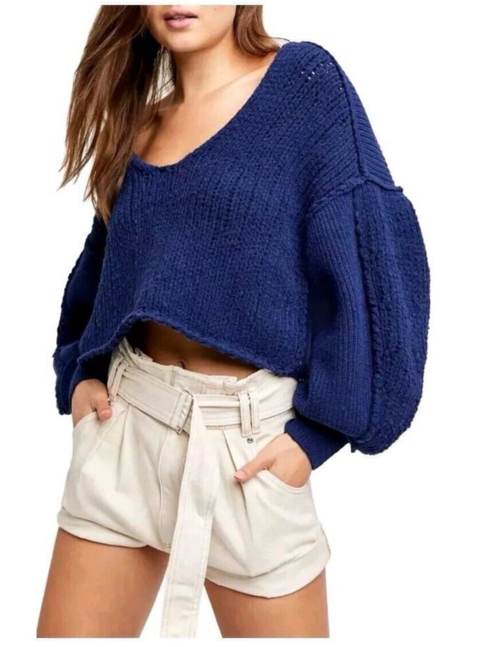 Free People Sea Bright Pullover Sweater Scoop Neck Vangarud navy blue XS crop